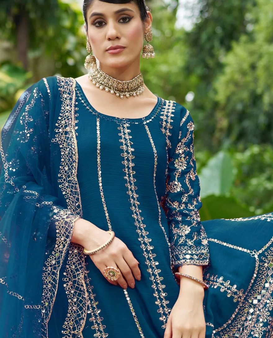 BLUE - Embroidered and Mirror Work Chinon Salwar Suit In Teal for Ceremonial